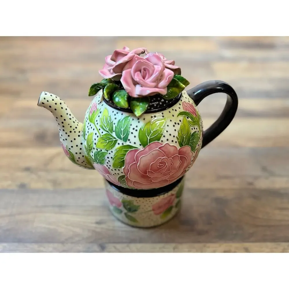 J McCall Blue Sky 2004 Floral Rose Polka Dot Teapot Tea Warmer Set Vintage